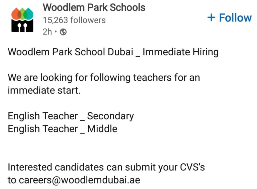School in Dubai Immediate Hiring Teachers