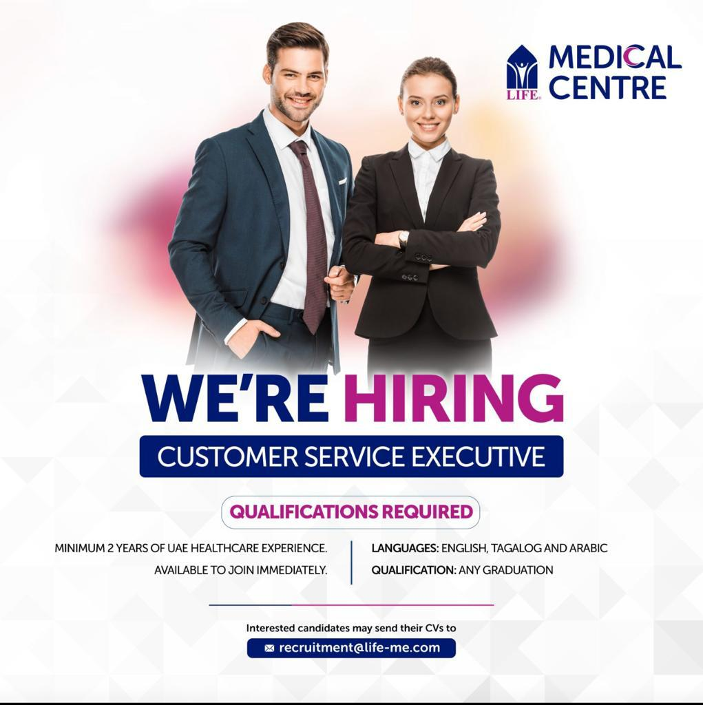 Image: Life Medical Centre Customer Service Executive Hiring - Join our team of dedicated professionals with healthcare experience and language proficiency in English, Tagalog, and Arabic. Apply now to make a difference in patient care and satisfaction.